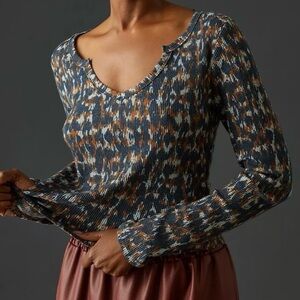 Anthropologie Pilcro Notched Waffle Top L Large Long sleeves Blue Orange Motif